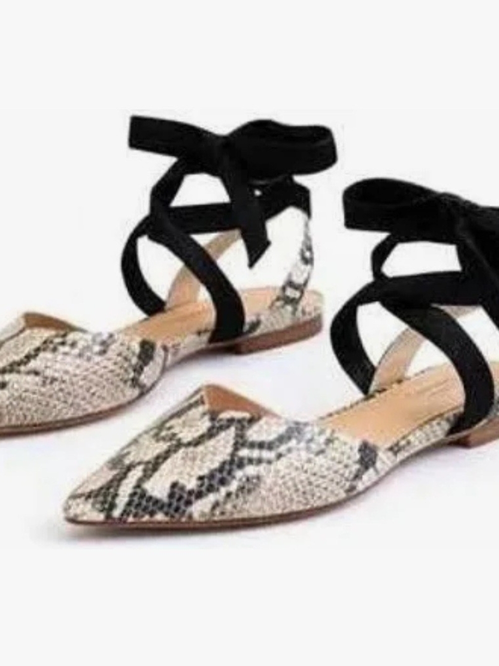 SCHUTZ BARBRAH Snakeskin Pointed-Toe Ankle Tie Flats - Black & Beige